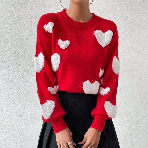 . Sweaters - Red Casual Womens Heart Knit Drop Shoulder Sweater